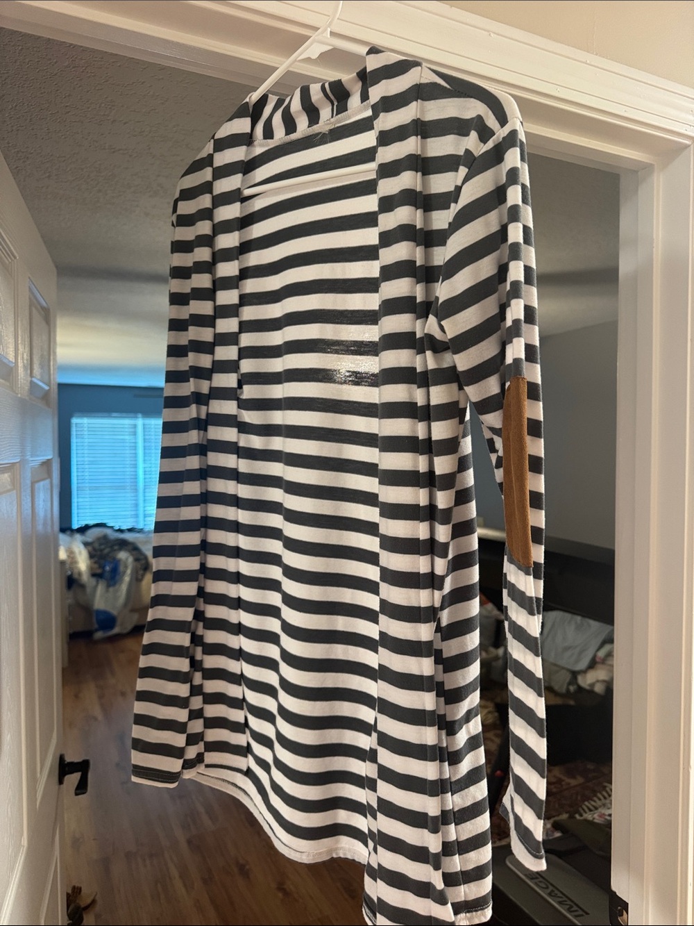 Striped Black and White Long-Sleeve Men's Shirt with Elbow Patch